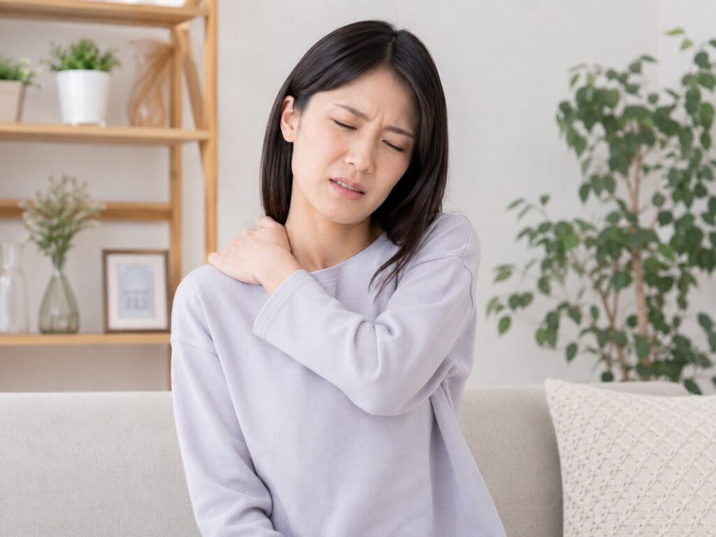 デスクワーク中に肩を押さえている女性