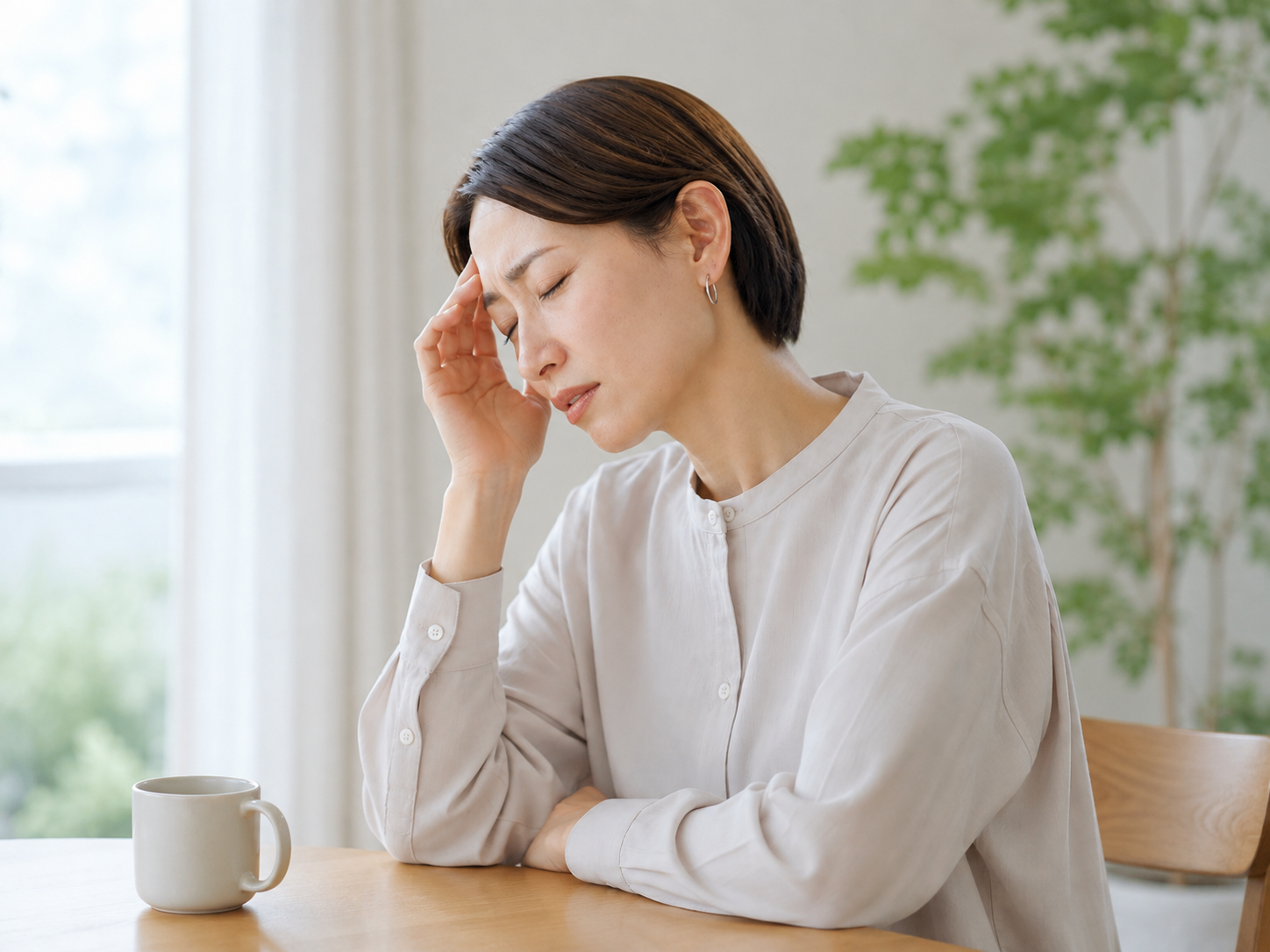 ダイニングでくつろぐ更年期世代の女性
