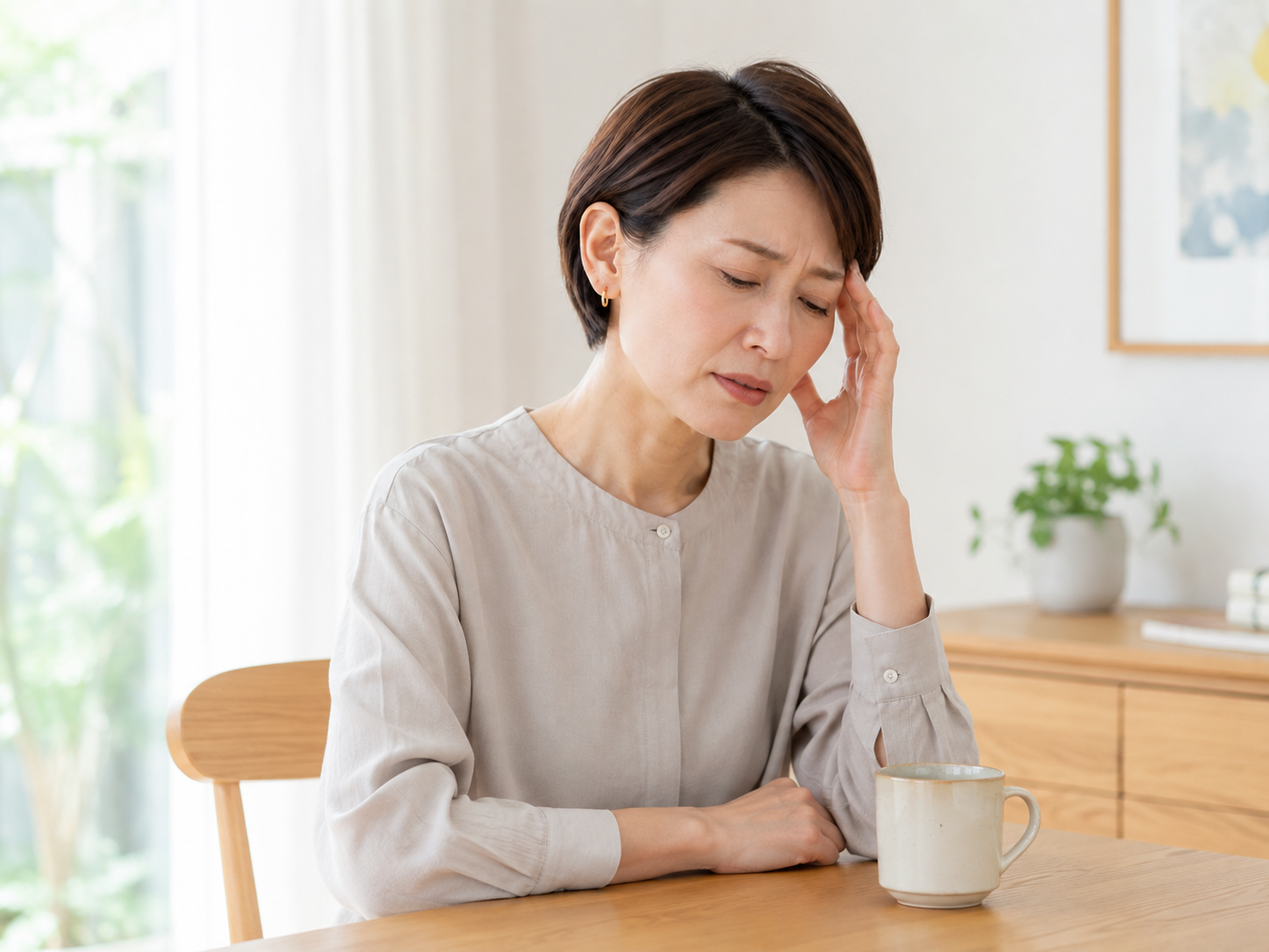 ダイニングでほっと一息つく更年期世代の女性