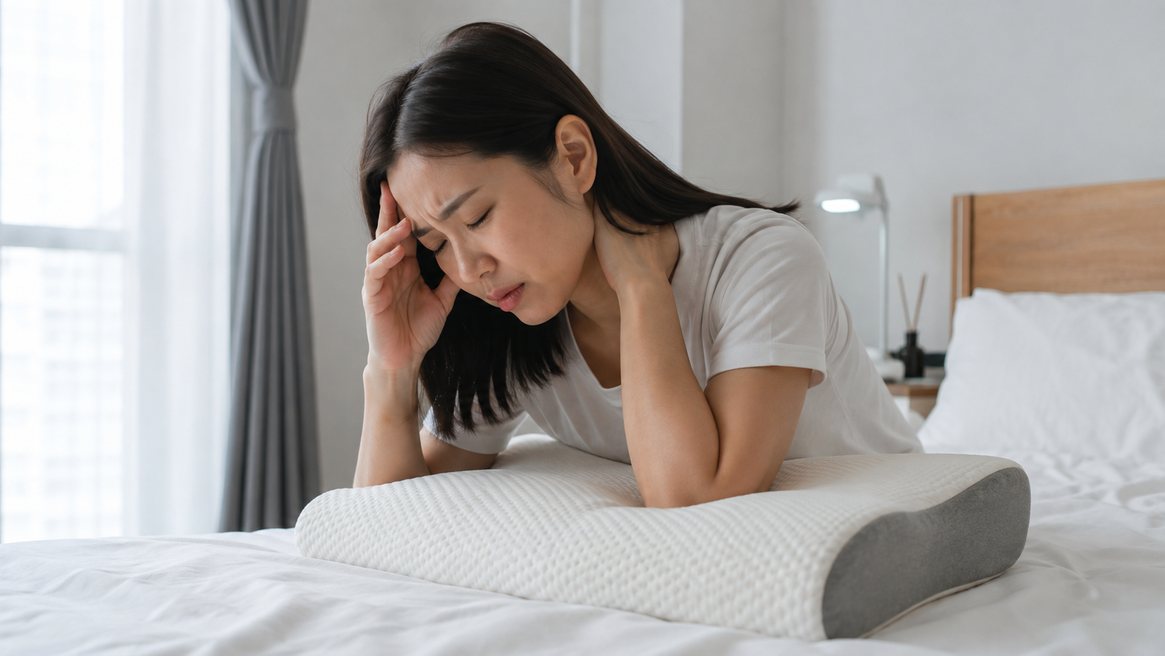 枕に伏せてこめかみと首筋を押さえる女性