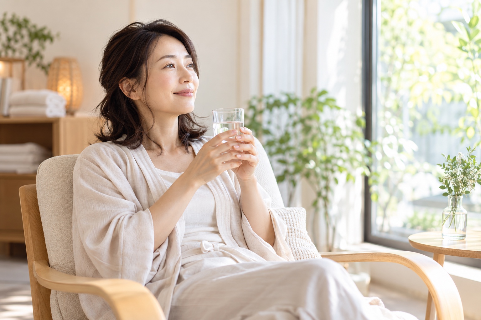 水分をとりながら窓辺でゆっくり休む女性