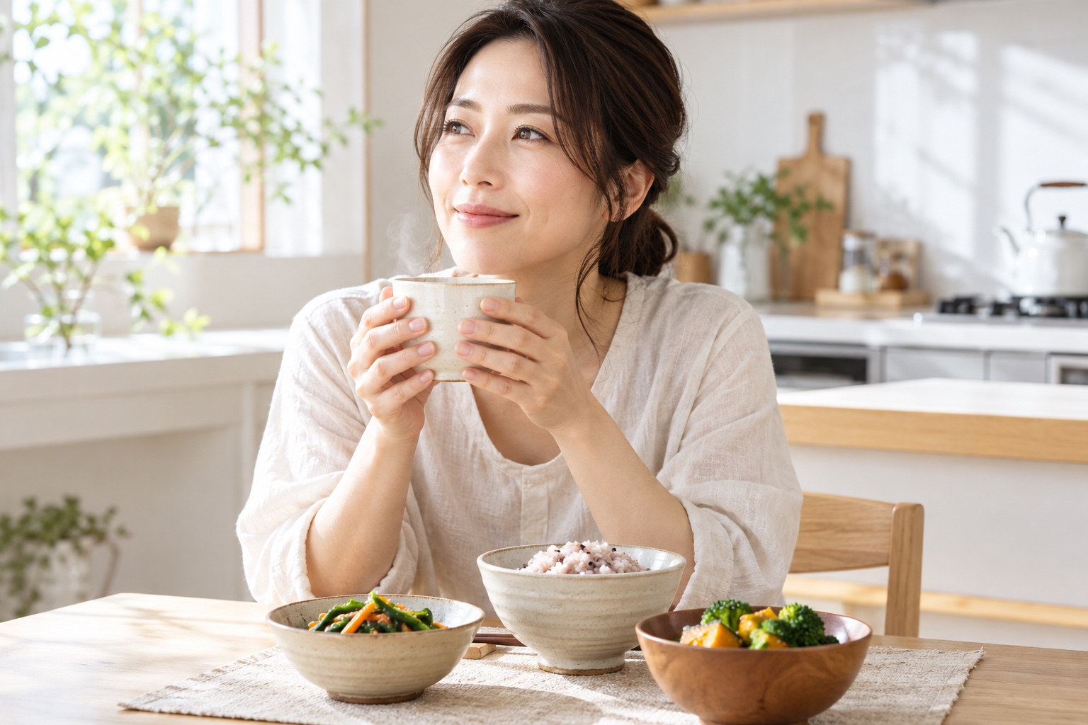 温かい飲み物と食事をとる女性