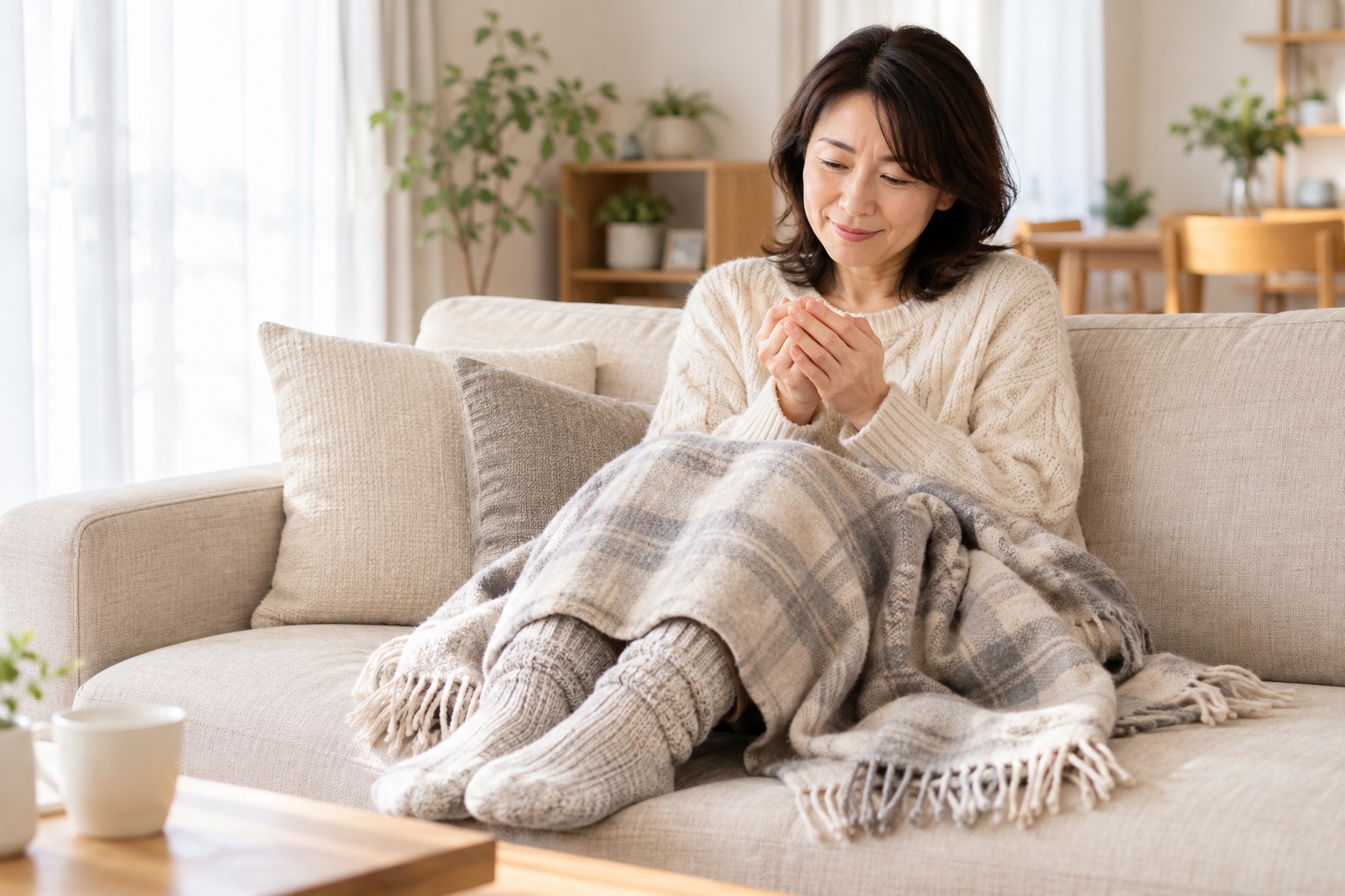 足元を靴下とブランケットで温めながら、手を温める女性