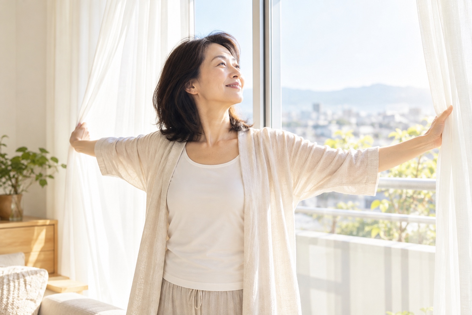 朝の光を浴びながらカーテンを開ける女性