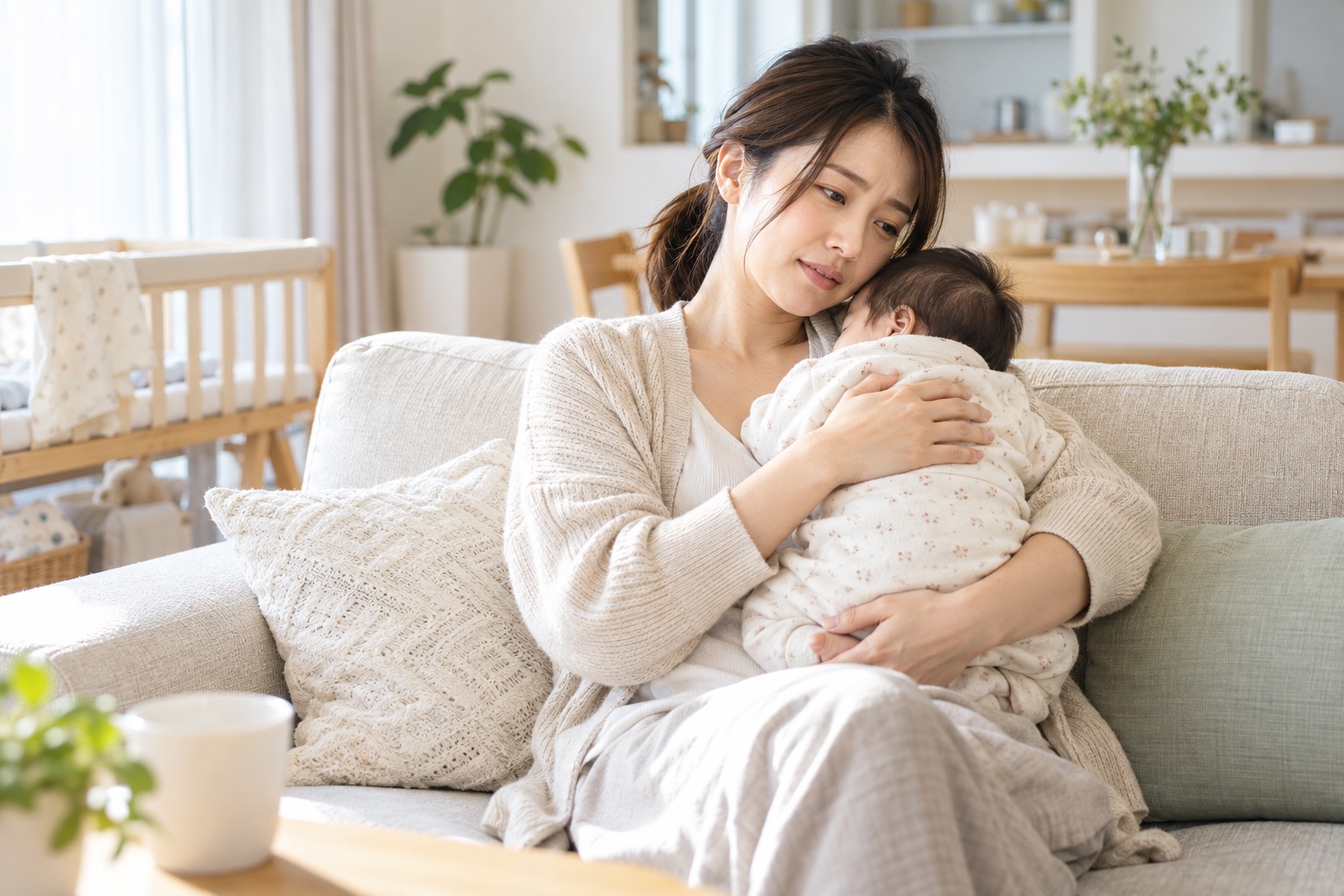 赤ちゃんを抱っこする産後のお母さん