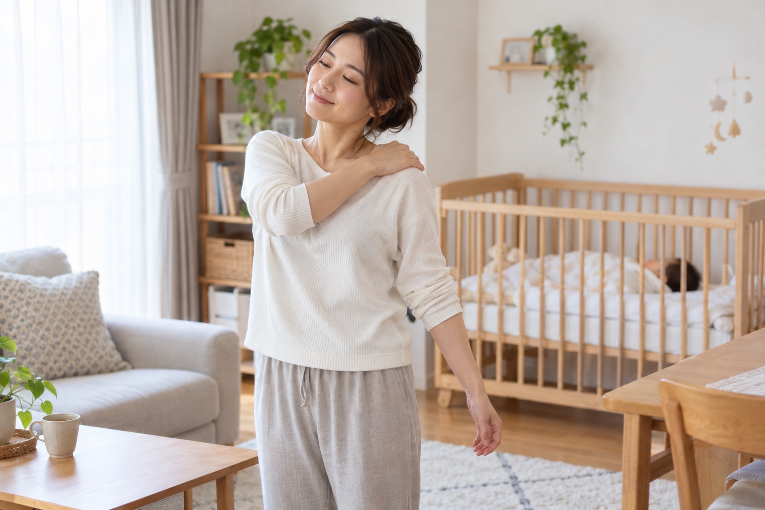 赤ちゃんが眠るそばで肩をほぐす産後のお母さん